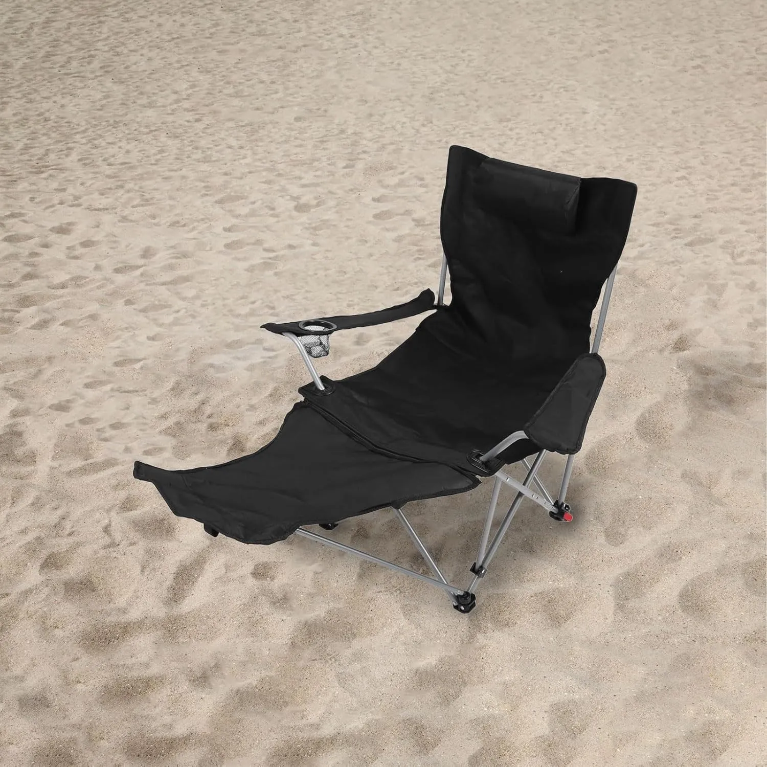Adjustable 900D Oxford Camping Lounge Chair with Footrest Folding Outdoor Recliner Cup Holder Storage Bag for Picnics BBQs Beach (Black)