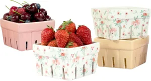 AELS Ceramic Berry Basket, Farmhouse Fruit Bowl Container for Fruit & Vegetables, Farmers Market, Pink Floral Pattern, Kitchen Decor, Stoneware Harvest Bowls, Set of 4