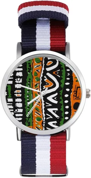 African Colorful Ethnic Art Unisex Watch Lightweight Breathable Woven Nylon Wrist Strap Watch with Metal Buckle