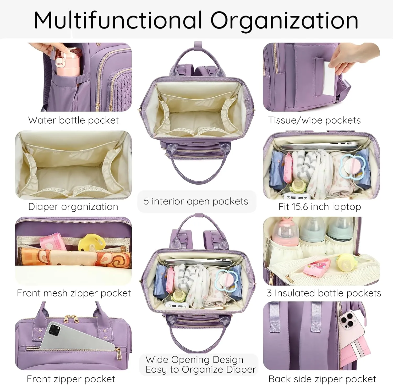AIJIEKE Diaper Bag, Large Wide-Open Baby Diaper Backpack, Multi-functional Baby Travel Tote Bag, Diaper Bag with Changing Pad, Diaper Bags for Mom & Maternity (Purple)