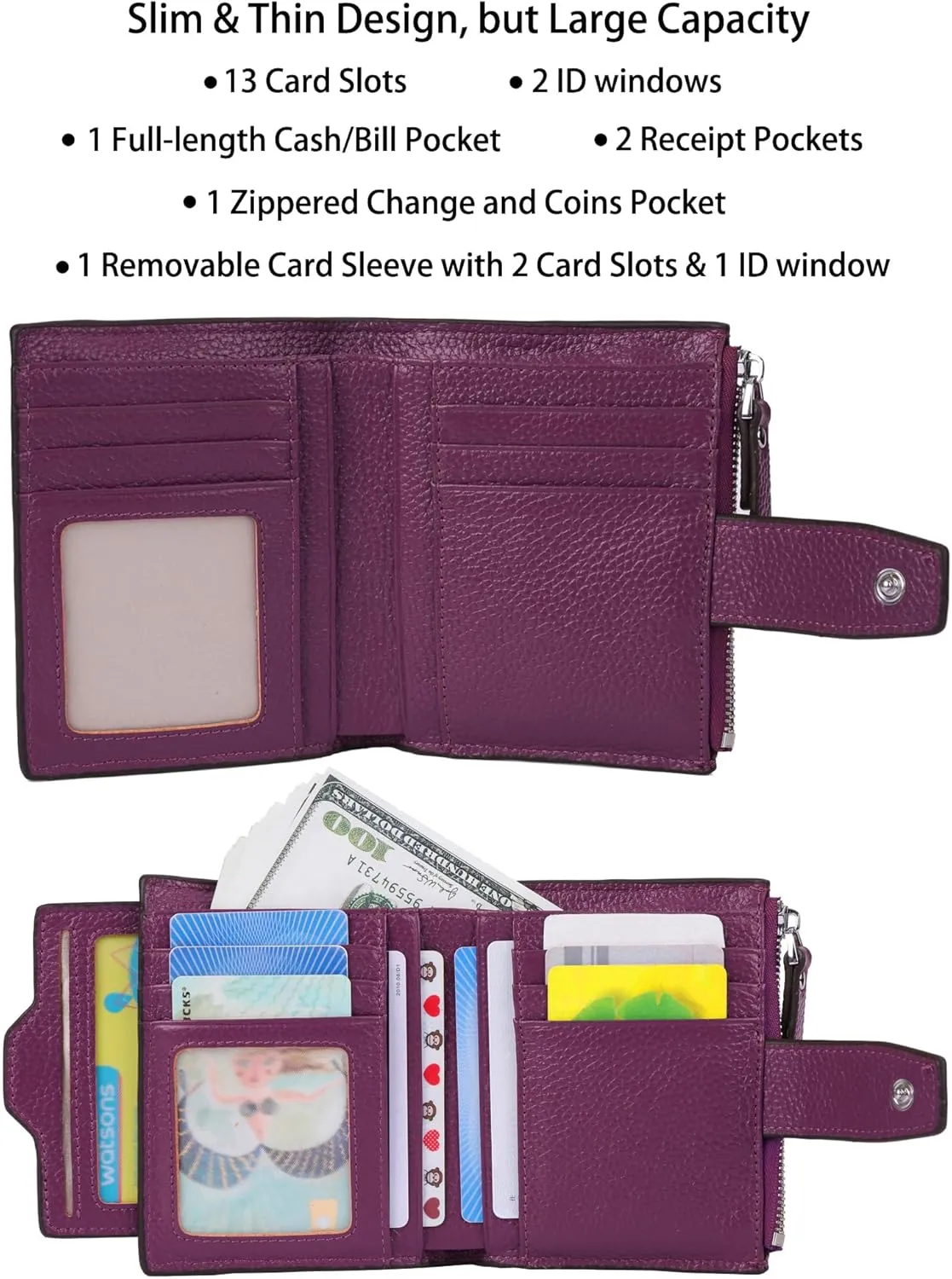 AINIMOER Women's RFID Blocking Leather Small Compact Bi-fold Zipper Pocket Wallet Card Case Purse with id Window