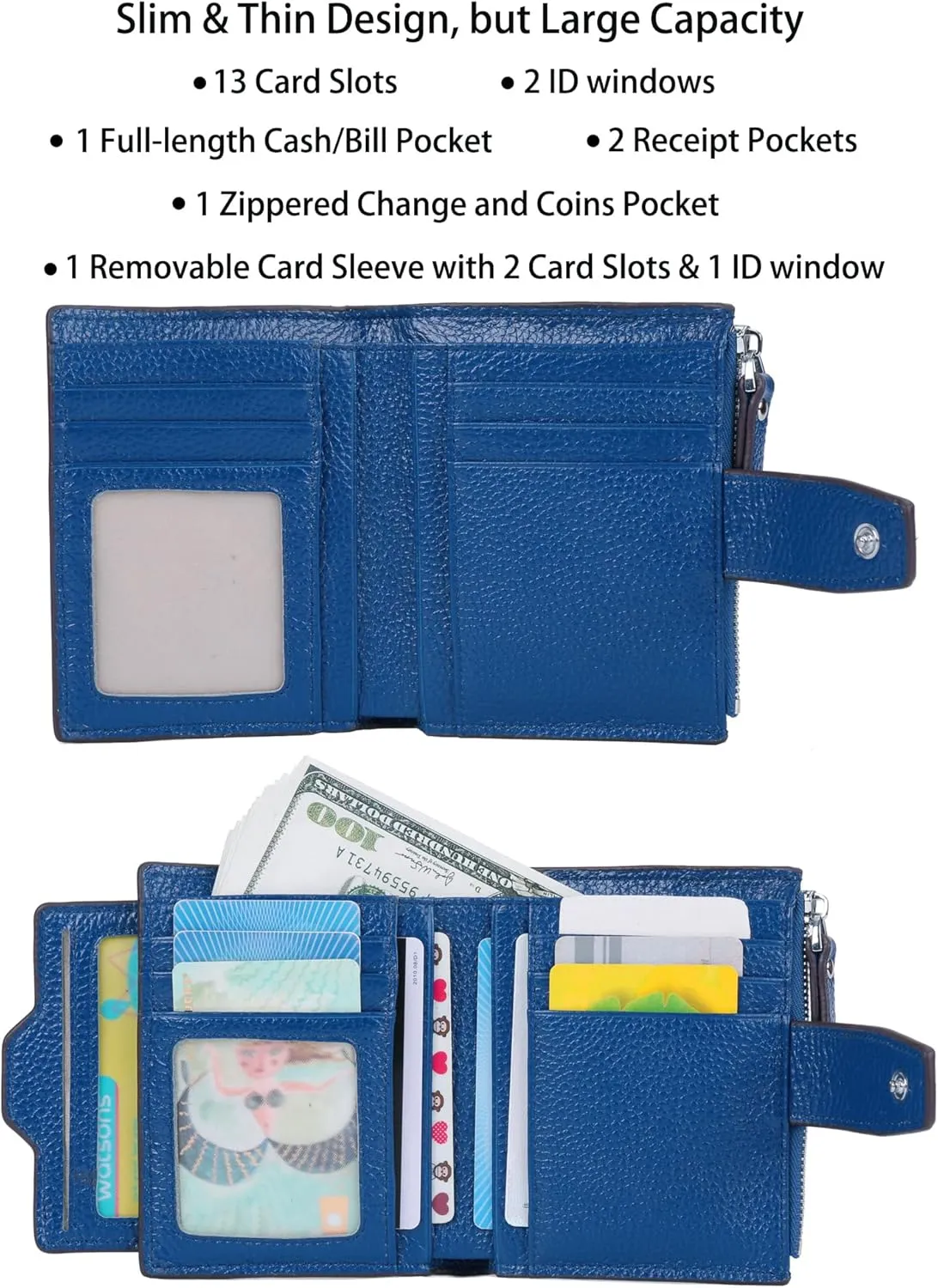 AINIMOER Women's RFID Blocking Leather Small Compact Bi-fold Zipper Pocket Wallet Card Case Purse with id Window