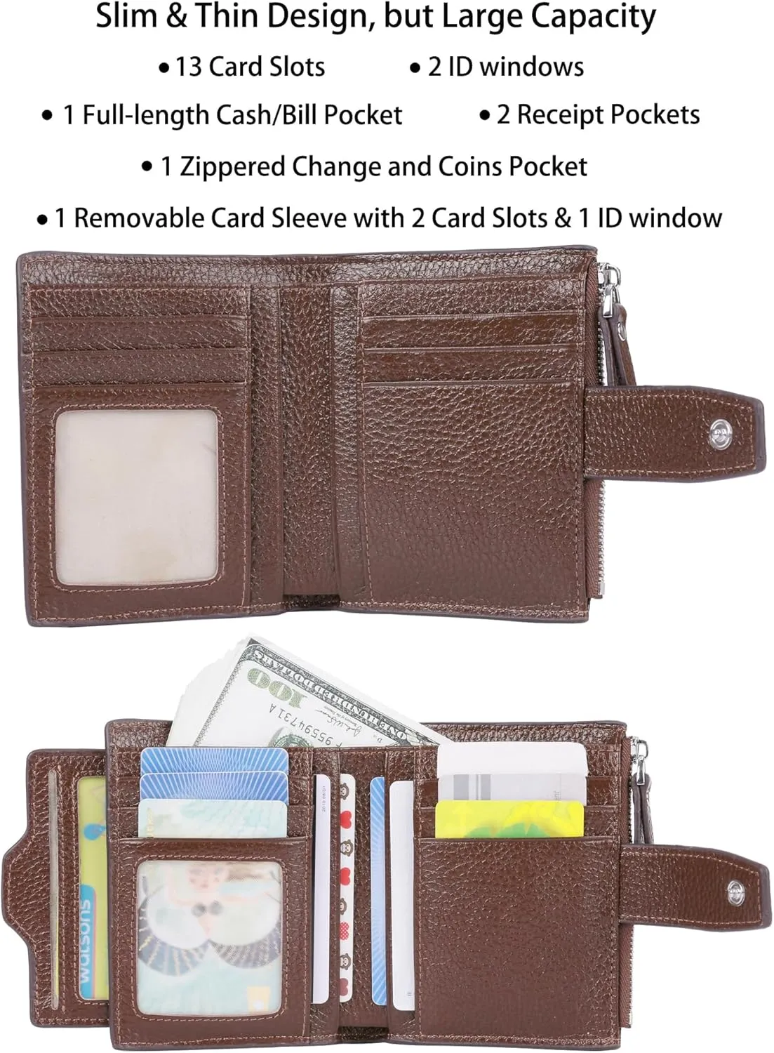 AINIMOER Women's RFID Blocking Leather Small Compact Bi-fold Zipper Pocket Wallet Card Case Purse with id Window
