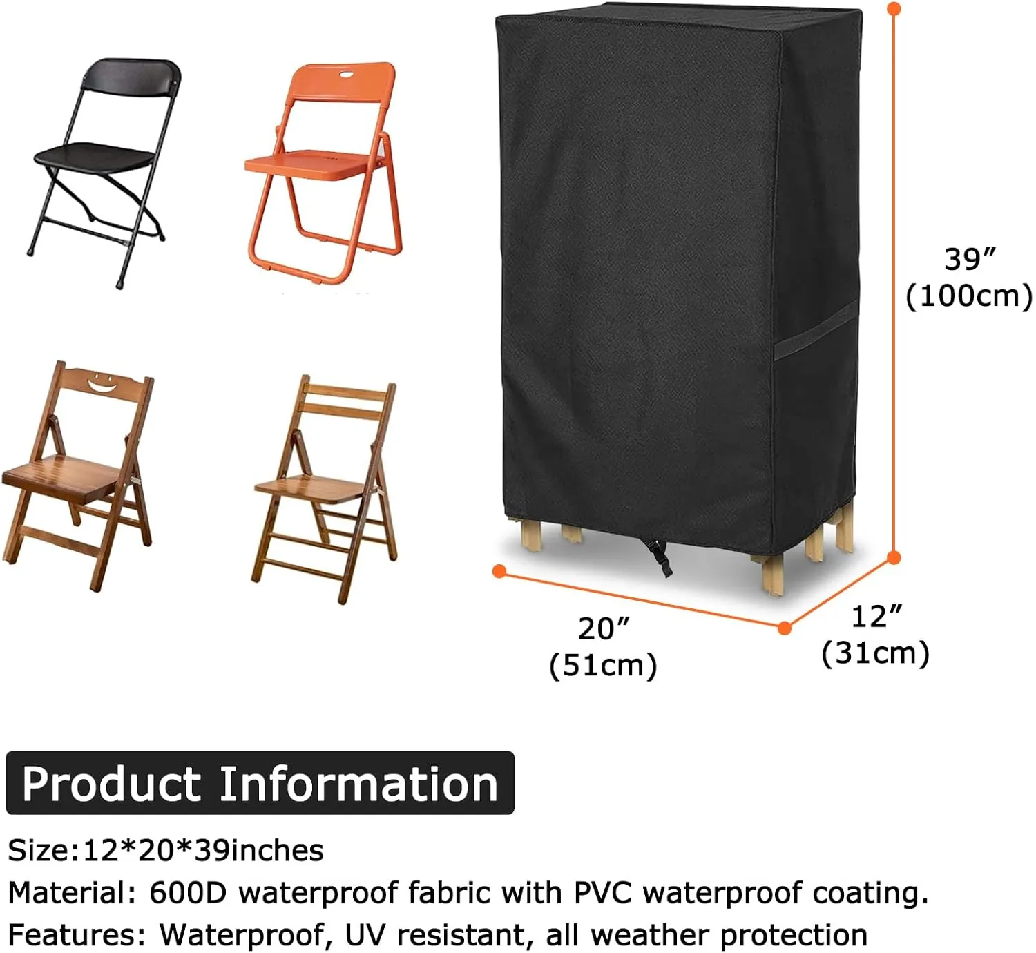 AKEfit Folding Chair Storage Bag for 1 Pack,600D Heavy Duty Waterproof for Plastic and Wooden Folding Chairs ,20'L x 12''W x 39''H-Black