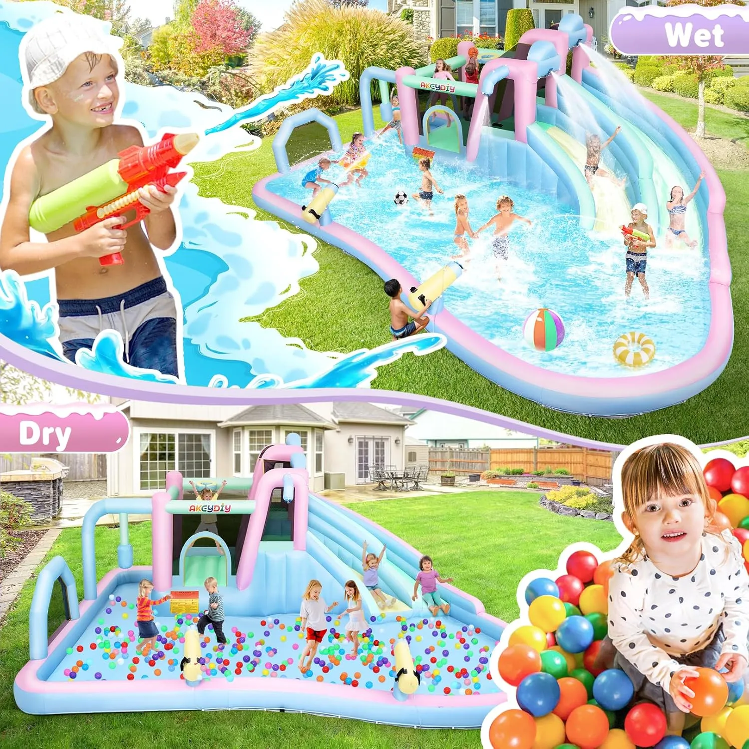AKEYDIY Inflatable Bounce House Double Slides for Kids, Giant Bounce Castle 21.3FT x14.7FT with Pool, Multiple Game Areas and 950w Blower, for Party Holiday Outdoor Indoor (Dual Slide - Macaron)