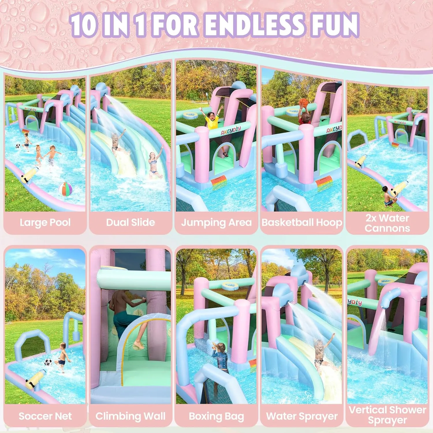 AKEYDIY Inflatable Bounce House Double Slides for Kids, Giant Bounce Castle 21.3FT x14.7FT with Pool, Multiple Game Areas and 950w Blower, for Party Holiday Outdoor Indoor (Dual Slide - Macaron)