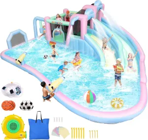 AKEYDIY Inflatable Bounce House Double Slides for Kids, Giant Bounce Castle 21.3FT x14.7FT with Pool, Multiple Game Areas and 950w Blower, for Party Holiday Outdoor Indoor (Dual Slide - Macaron)