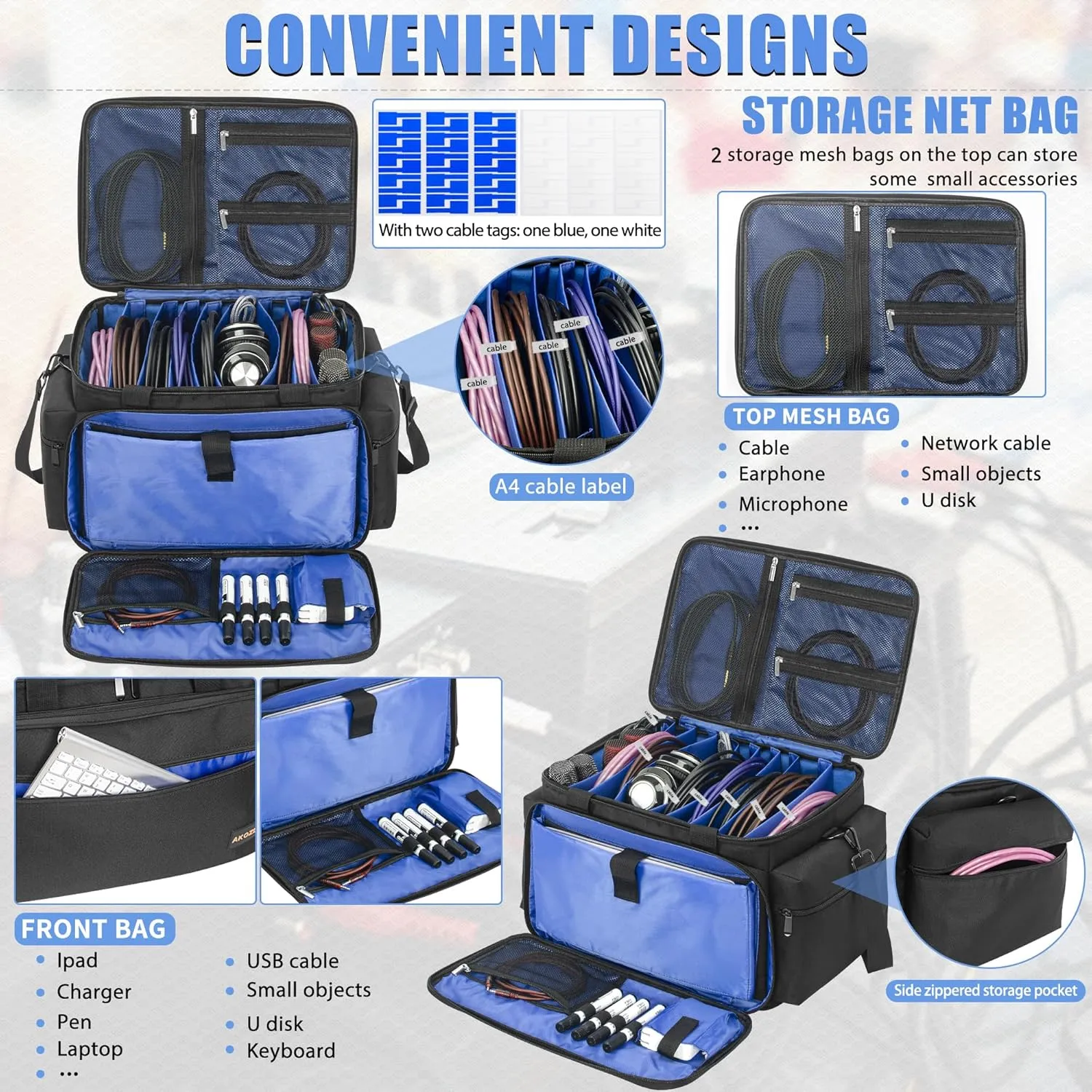 AKOZLIN Cable File Bag with Detachable Dividers, DJ Gig Bag Cord Organizer Case for Laptop,DJ Gear, Sound Instrument and Music Equipment Accessories