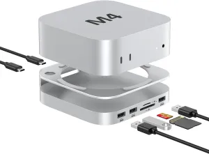 Akyyajaure Mac Mini M4 Hub, 9 in 1 Aluminum Stand and Dock for Mac Mini M4/Pro with M.2 NVMe SSD Enclosure, 10Gbps USB-A*2, SD/TF 4.0 Card Readers, USB 2.0