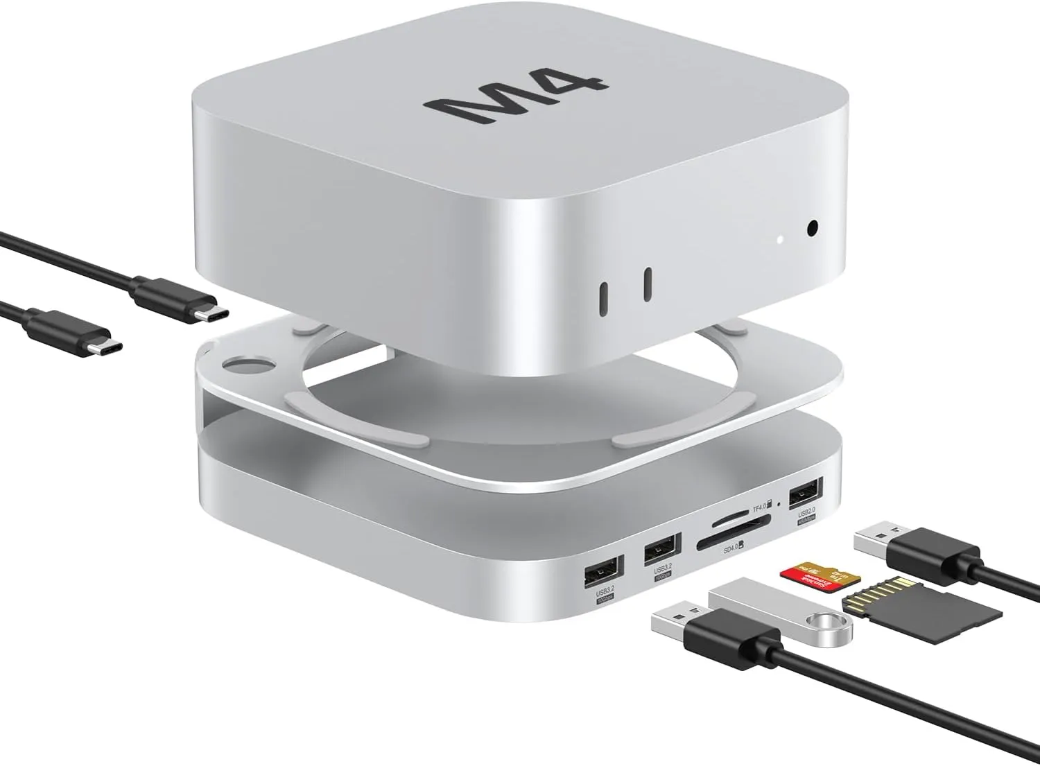 Akyyajaure Mac Mini M4 Hub, 9 in 1 Aluminum Stand and Dock for Mac Mini M4/Pro with M.2 NVMe SSD Enclosure, 10Gbps USB-A*2, SD/TF 4.0 Card Readers, USB 2.0