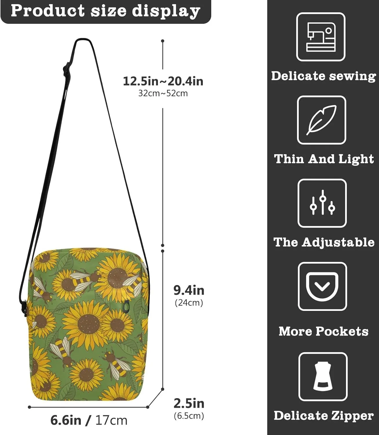 ALAZA Bees and Flowers Crossbody Bag Small Messenger Bag Shoulder Bag with Zipper for Women Men