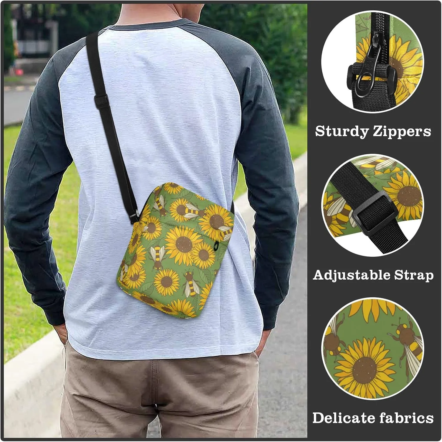 ALAZA Bees and Flowers Crossbody Bag Small Messenger Bag Shoulder Bag with Zipper for Women Men