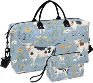 ALAZA Cows Flowers Musical Notes Travel Duffel Bag Gym Bag Sports Tote Bag Weekender Overnight Travel Bag for Women Men Business Trip Workout