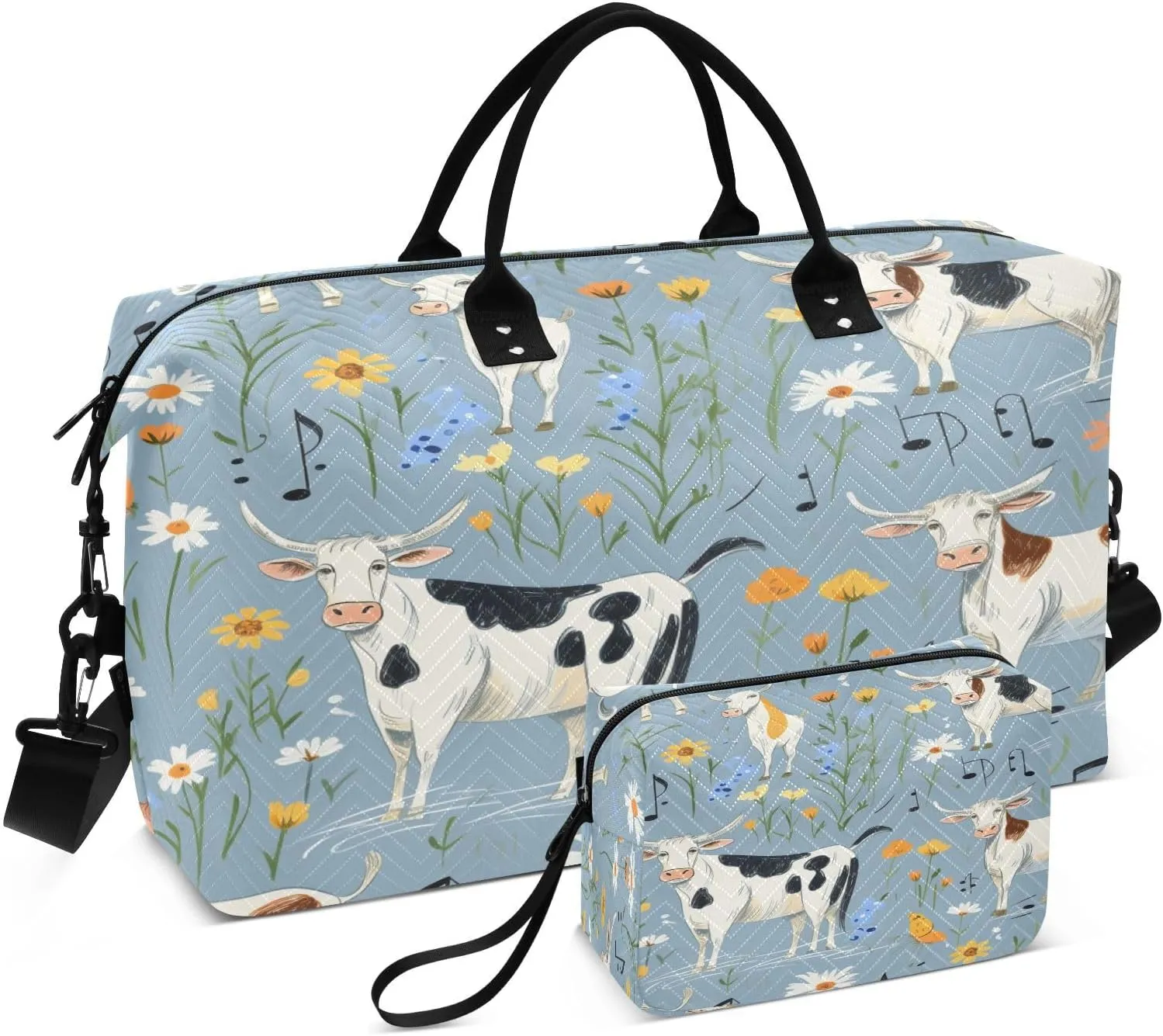 ALAZA Cows Flowers Musical Notes Travel Duffel Bag Gym Bag Sports Tote Bag Weekender Overnight Travel Bag for Women Men Business Trip Workout