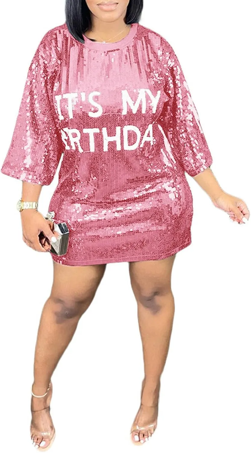 ALLUMK Women Sexy Glitter Sequin Shirts Dress Letter Graphic Print Half Sleeve Party Club Short Dress