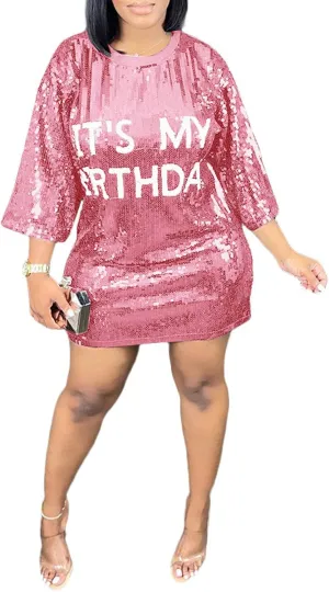 ALLUMK Women Sexy Glitter Sequin Shirts Dress Letter Graphic Print Half Sleeve Party Club Short Dress