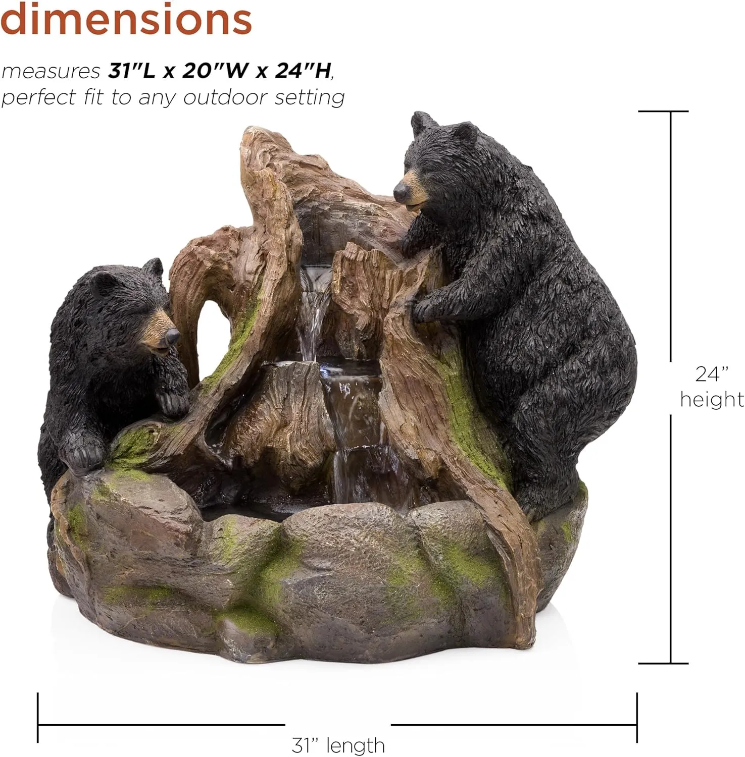 Alpine Corporation GXT252 24" Outdoor Floor Bears Climbing Fountain with LED Lights, Playful Bears Garden Water Feature, Cascading Waterfall for Backyard & Patio Décor, Brown/Black