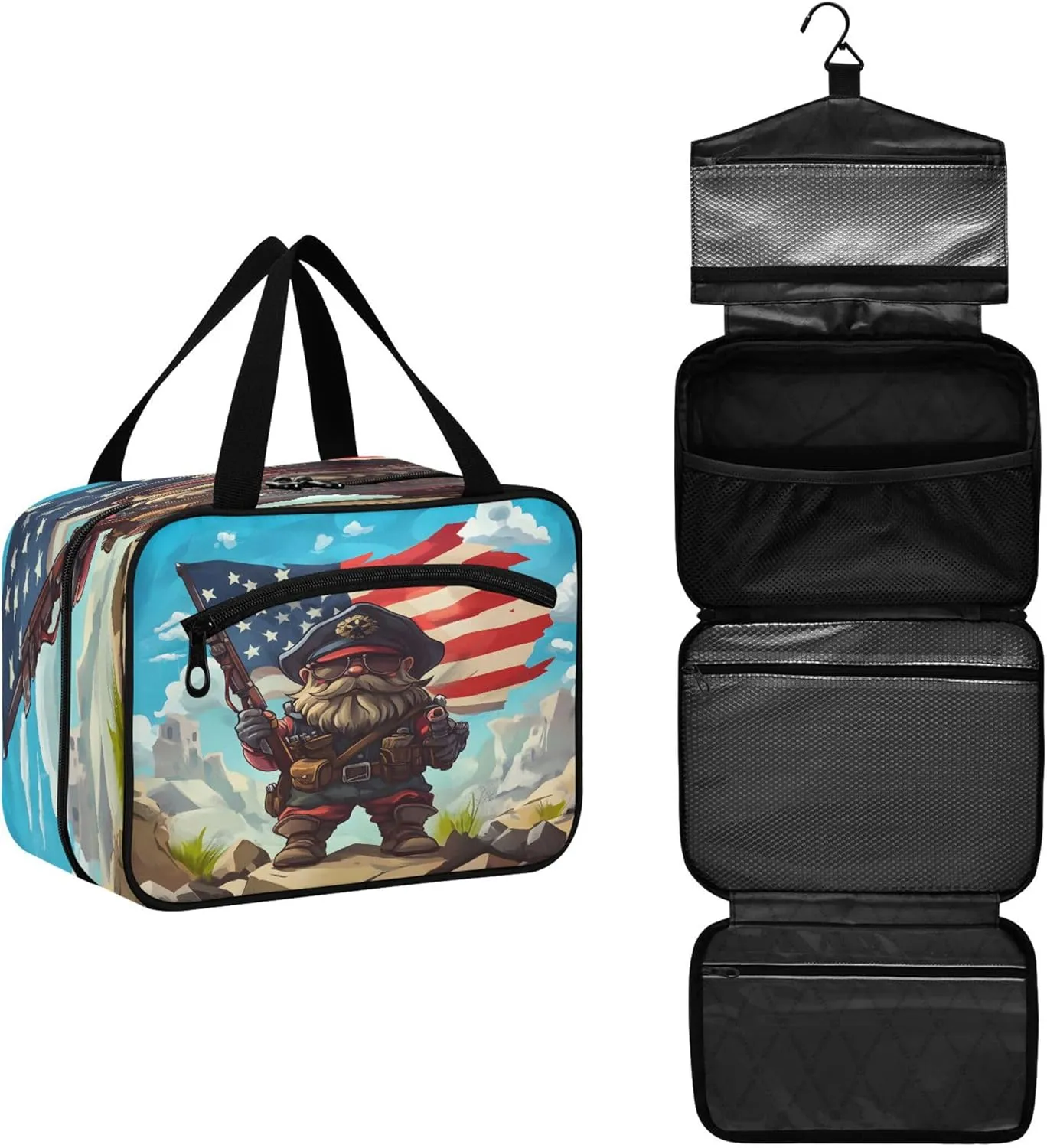 American Flag and Dwarf Travel Toiletry Bag for Women & men Hanging Portable Toiletry Bag Large Capacity Travel Bag for Hold Cosmetics Skin Care Products Toiletries Large