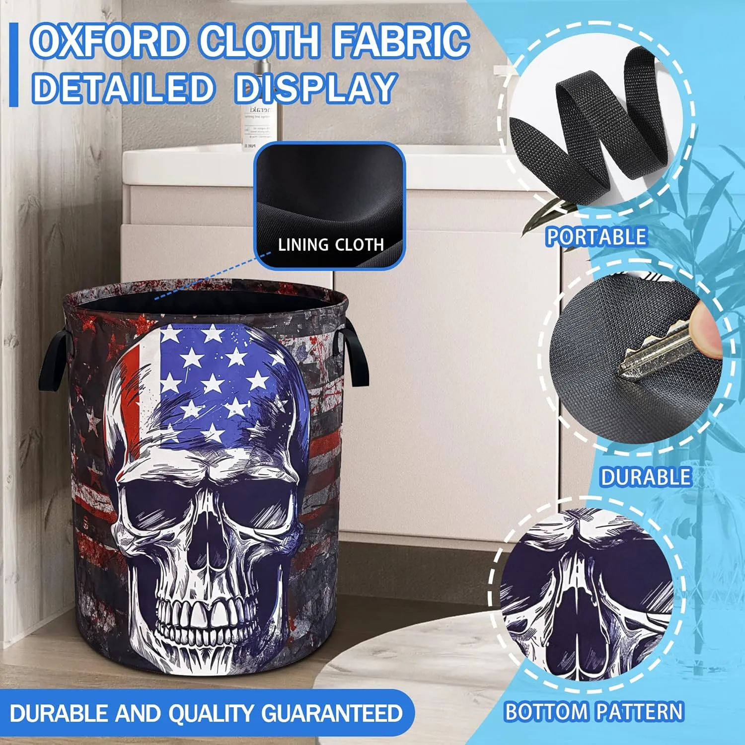 American Flag Skull Laundry Basket Oxford Cloth Laundry Hamper With Handle Foldable Portable Clothes Storage Basket 18.9 X 16.5 Inch Storage Bag For Laundry Room/Bathroom/Bedroom/Dormitories