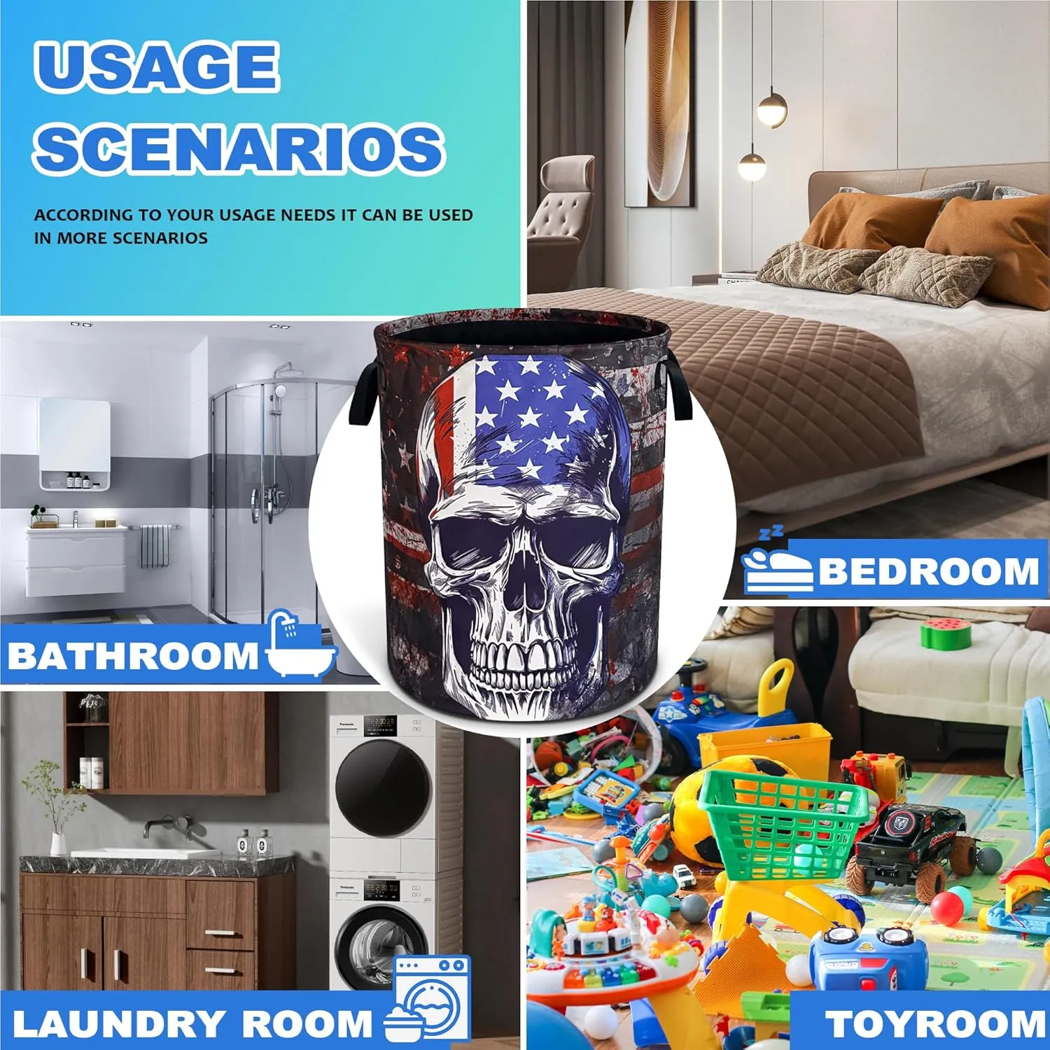 American Flag Skull Laundry Basket Oxford Cloth Laundry Hamper With Handle Foldable Portable Clothes Storage Basket 18.9 X 16.5 Inch Storage Bag For Laundry Room/Bathroom/Bedroom/Dormitories