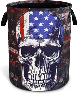 American Flag Skull Laundry Basket Oxford Cloth Laundry Hamper With Handle Foldable Portable Clothes Storage Basket 18.9 X 16.5 Inch Storage Bag For Laundry Room/Bathroom/Bedroom/Dormitories