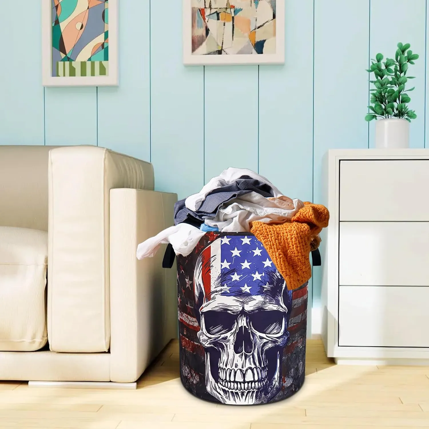 American Flag Skull Laundry Basket Oxford Cloth Laundry Hamper With Handle Foldable Portable Clothes Storage Basket 18.9 X 16.5 Inch Storage Bag For Laundry Room/Bathroom/Bedroom/Dormitories