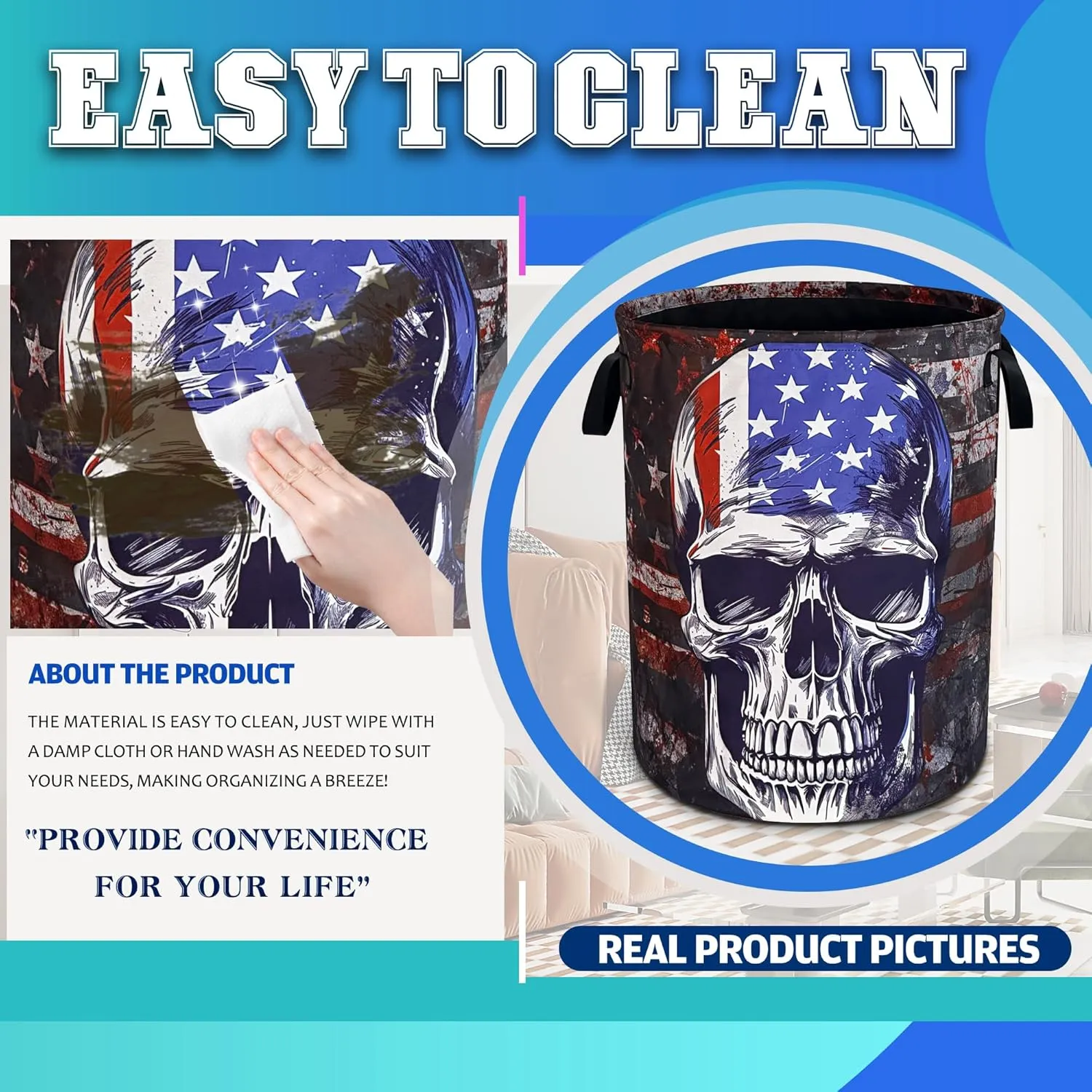 American Flag Skull Laundry Basket Oxford Cloth Laundry Hamper With Handle Foldable Portable Clothes Storage Basket 18.9 X 16.5 Inch Storage Bag For Laundry Room/Bathroom/Bedroom/Dormitories