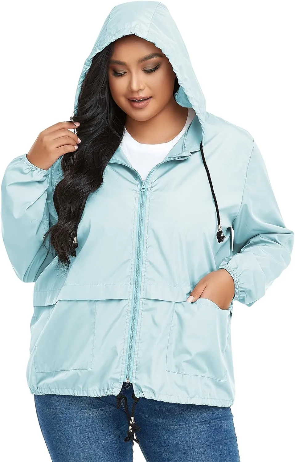 American Trends Women Plus Size Light RainCoat Jackets Packable Hooded Waterproof Windbreaker for Women