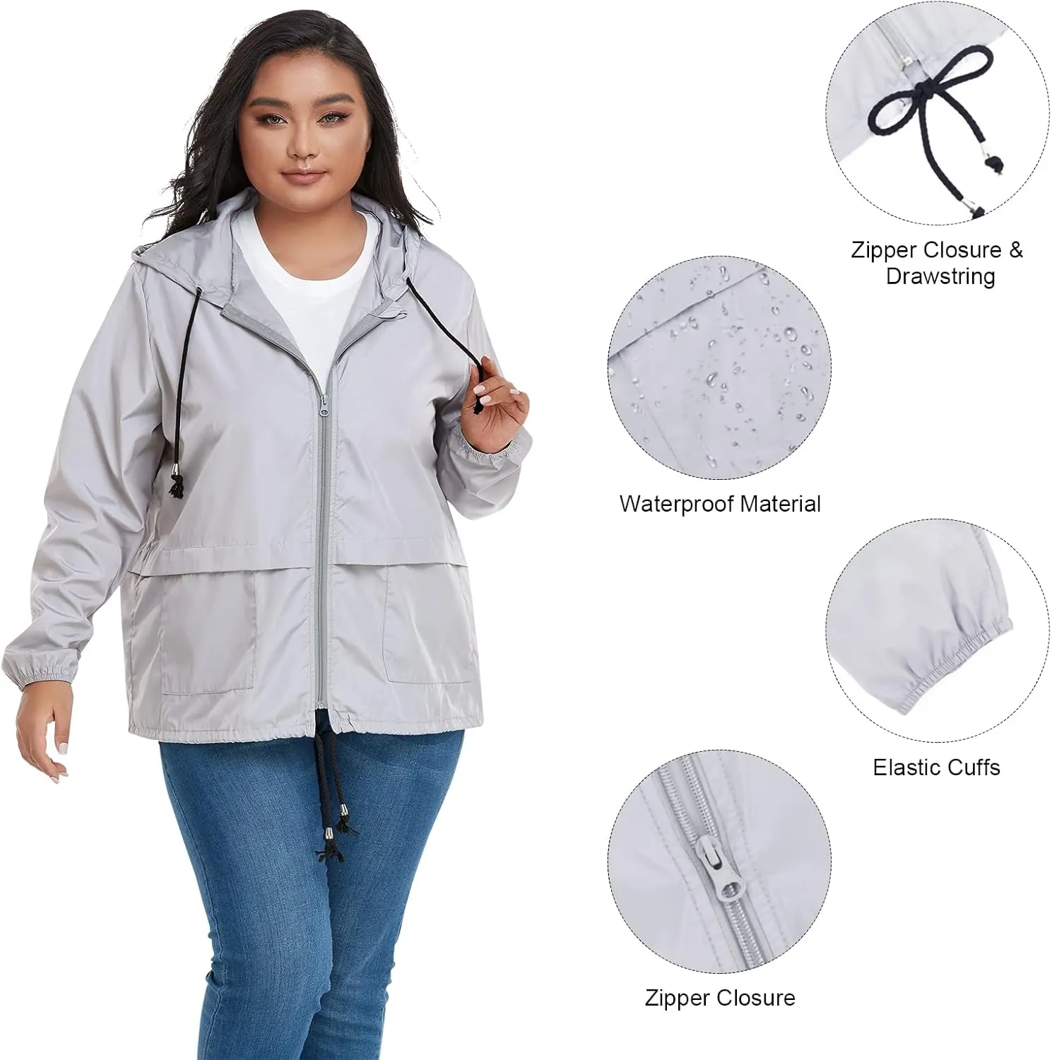 American Trends Women Plus Size Light RainCoat Jackets Packable Hooded Waterproof Windbreaker for Women