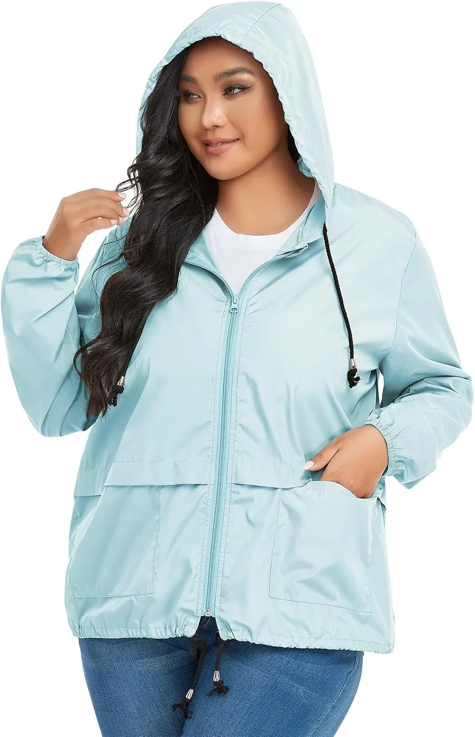 American Trends Women Plus Size Light RainCoat Jackets Packable Hooded Waterproof Windbreaker for Women