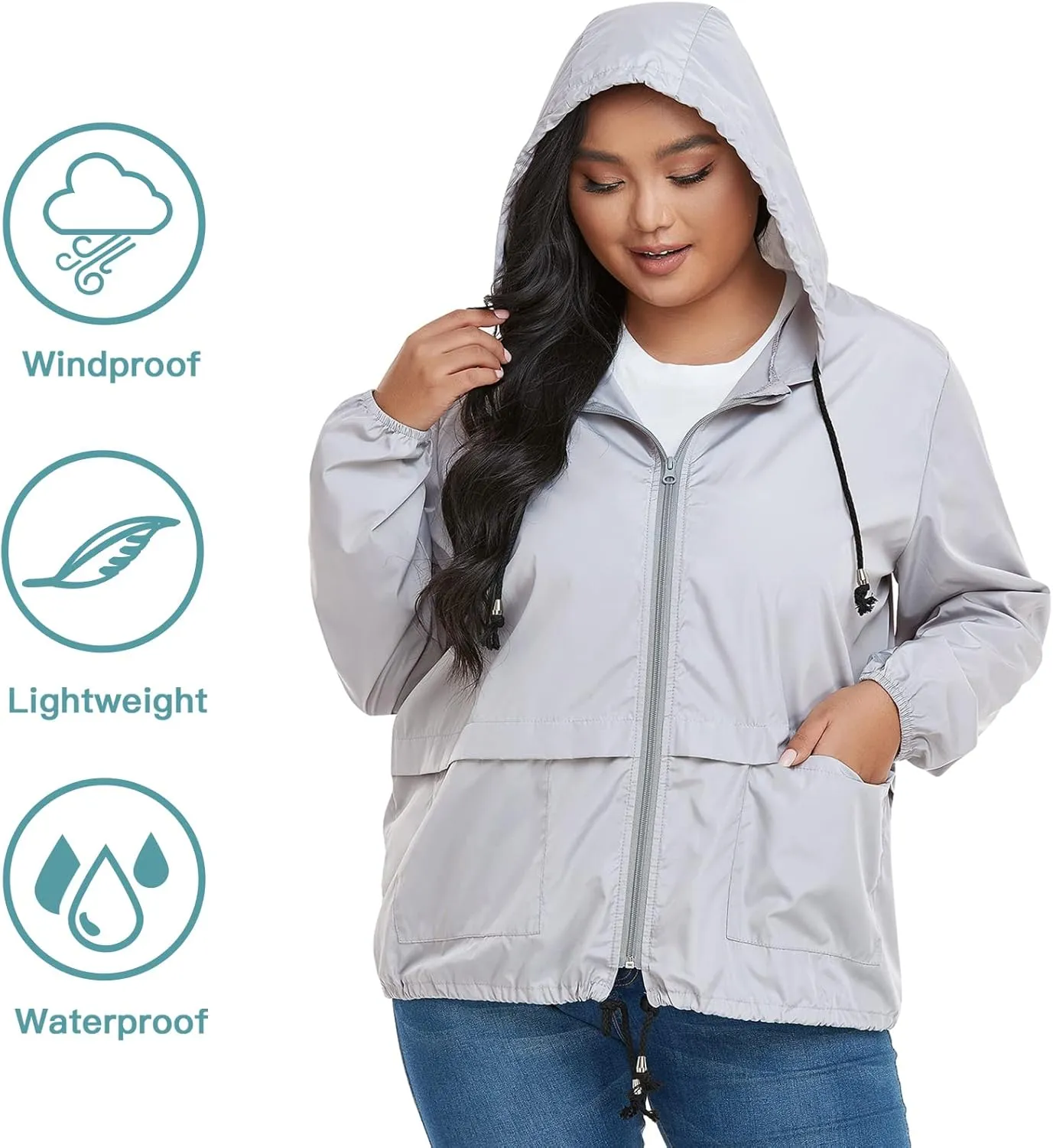 American Trends Women Plus Size Light RainCoat Jackets Packable Hooded Waterproof Windbreaker for Women