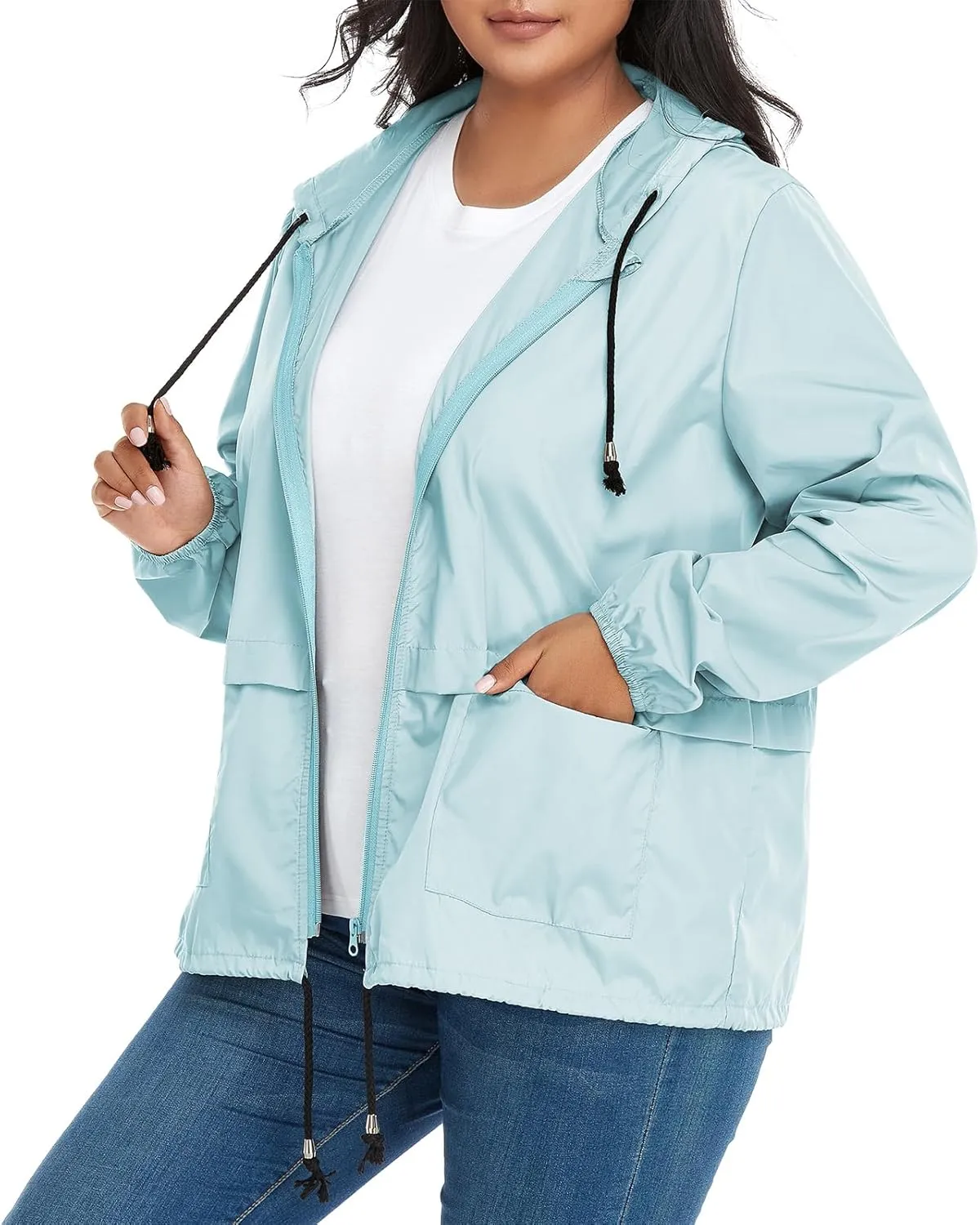 American Trends Women Plus Size Light RainCoat Jackets Packable Hooded Waterproof Windbreaker for Women