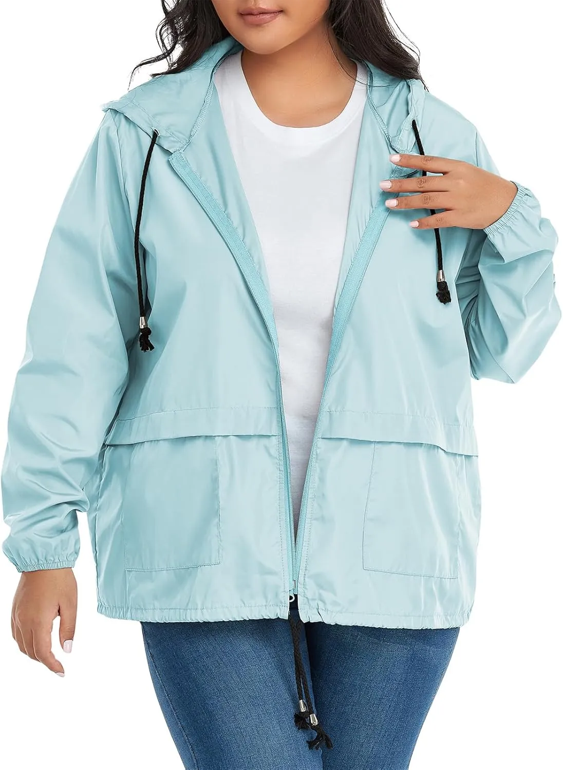 American Trends Women Plus Size Light RainCoat Jackets Packable Hooded Waterproof Windbreaker for Women