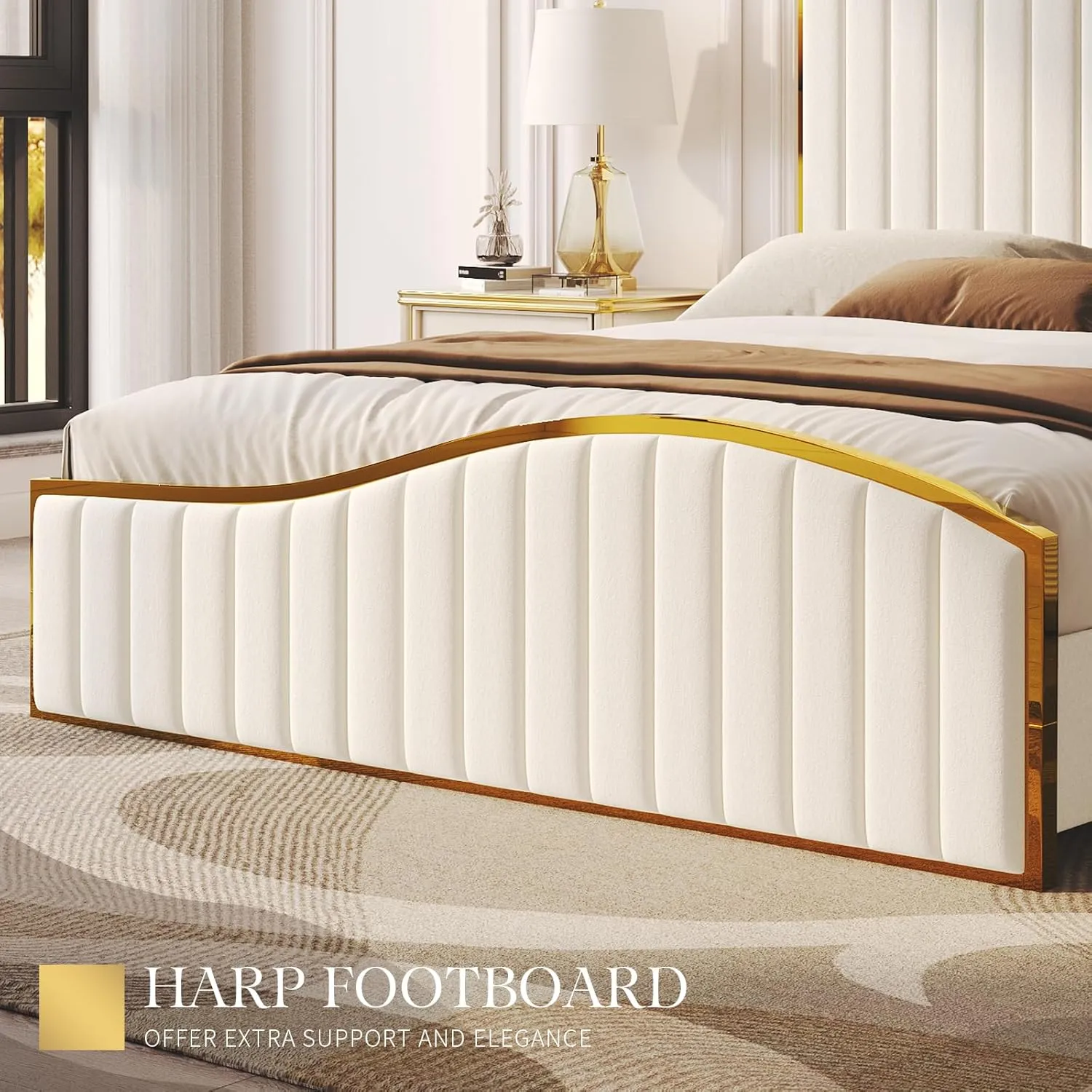 AMERLIFE King Size Bed Frame, 61.4" High Headboard Platform Bed Velvet Upholstered with Gold Trim & Footboard/Wooden Slats/No Box Spring Required/Cream