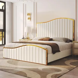 AMERLIFE King Size Bed Frame, 61.4" High Headboard Platform Bed Velvet Upholstered with Gold Trim & Footboard/Wooden Slats/No Box Spring Required/Cream