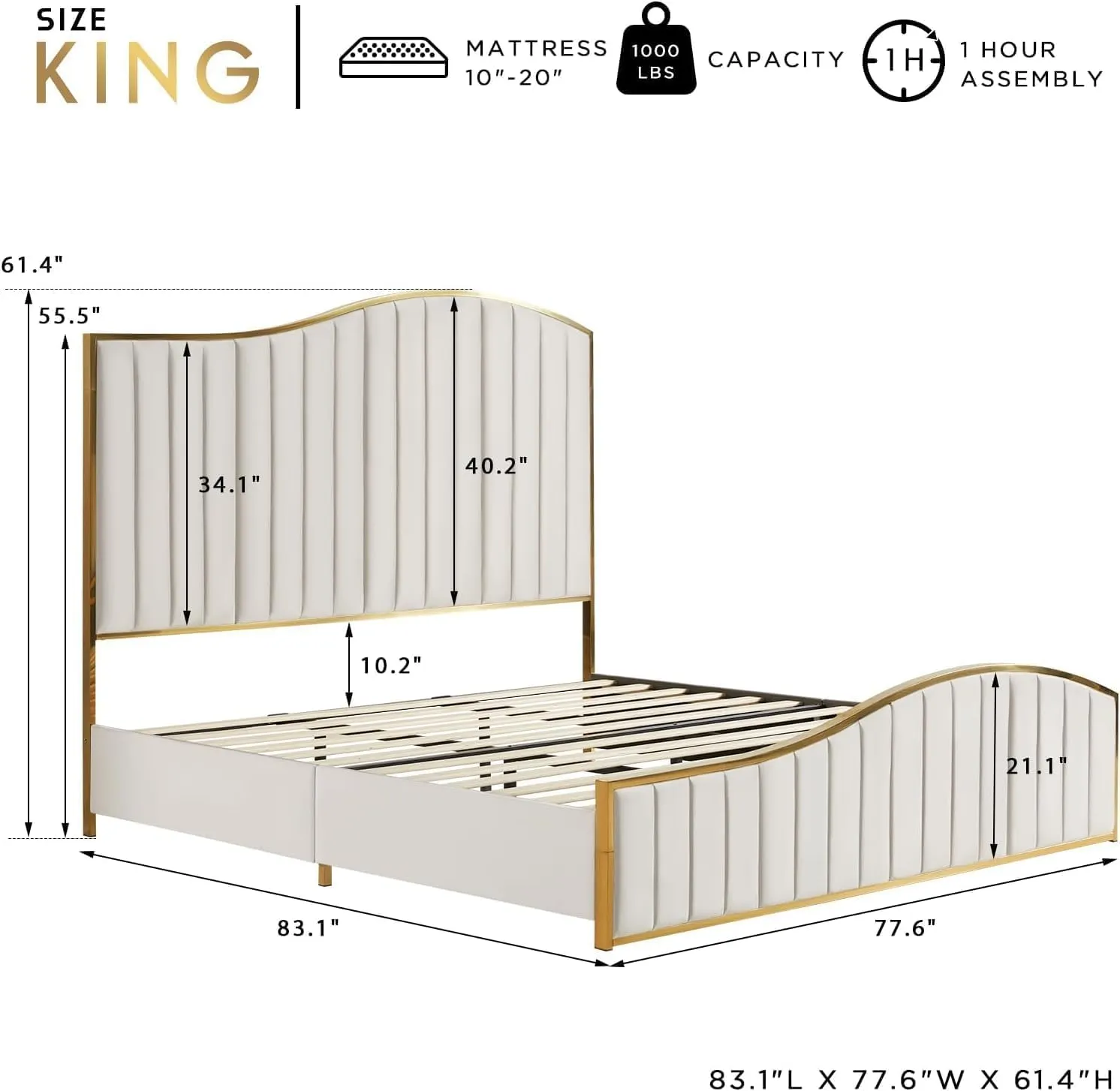 AMERLIFE King Size Bed Frame, 61.4" High Headboard Platform Bed Velvet Upholstered with Gold Trim & Footboard/Wooden Slats/No Box Spring Required/Cream