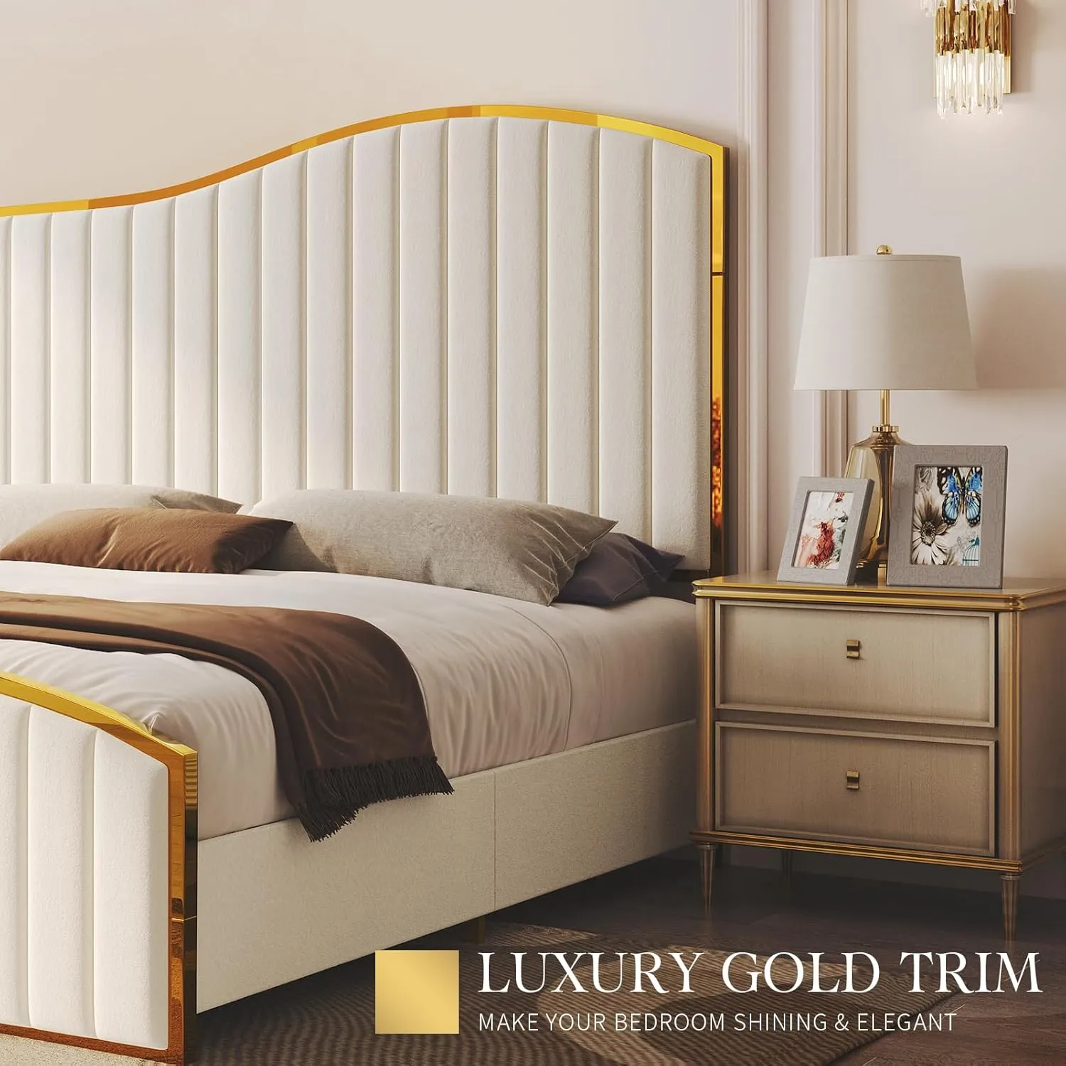 AMERLIFE King Size Bed Frame, 61.4" High Headboard Platform Bed Velvet Upholstered with Gold Trim & Footboard/Wooden Slats/No Box Spring Required/Cream