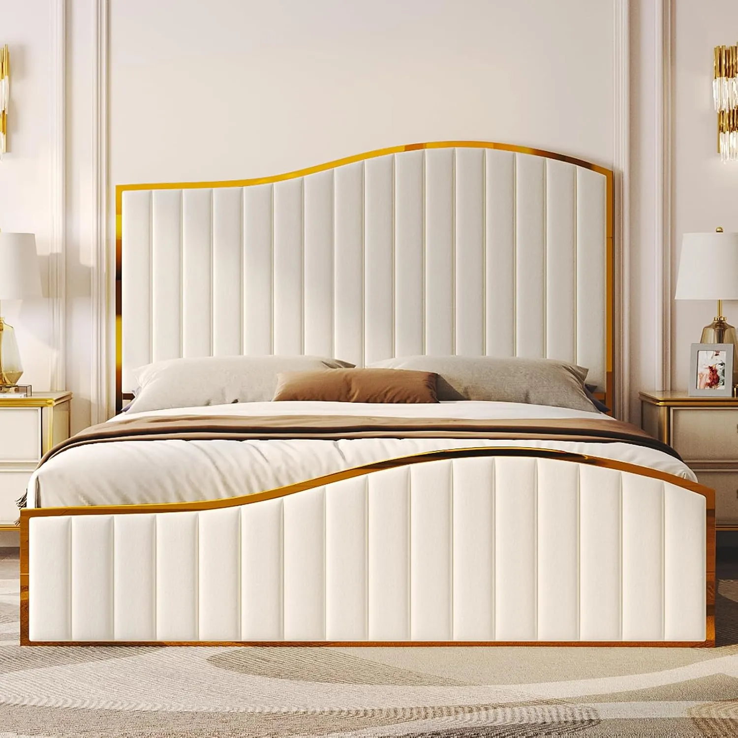 AMERLIFE King Size Bed Frame, 61.4" High Headboard Platform Bed Velvet Upholstered with Gold Trim & Footboard/Wooden Slats/No Box Spring Required/Cream