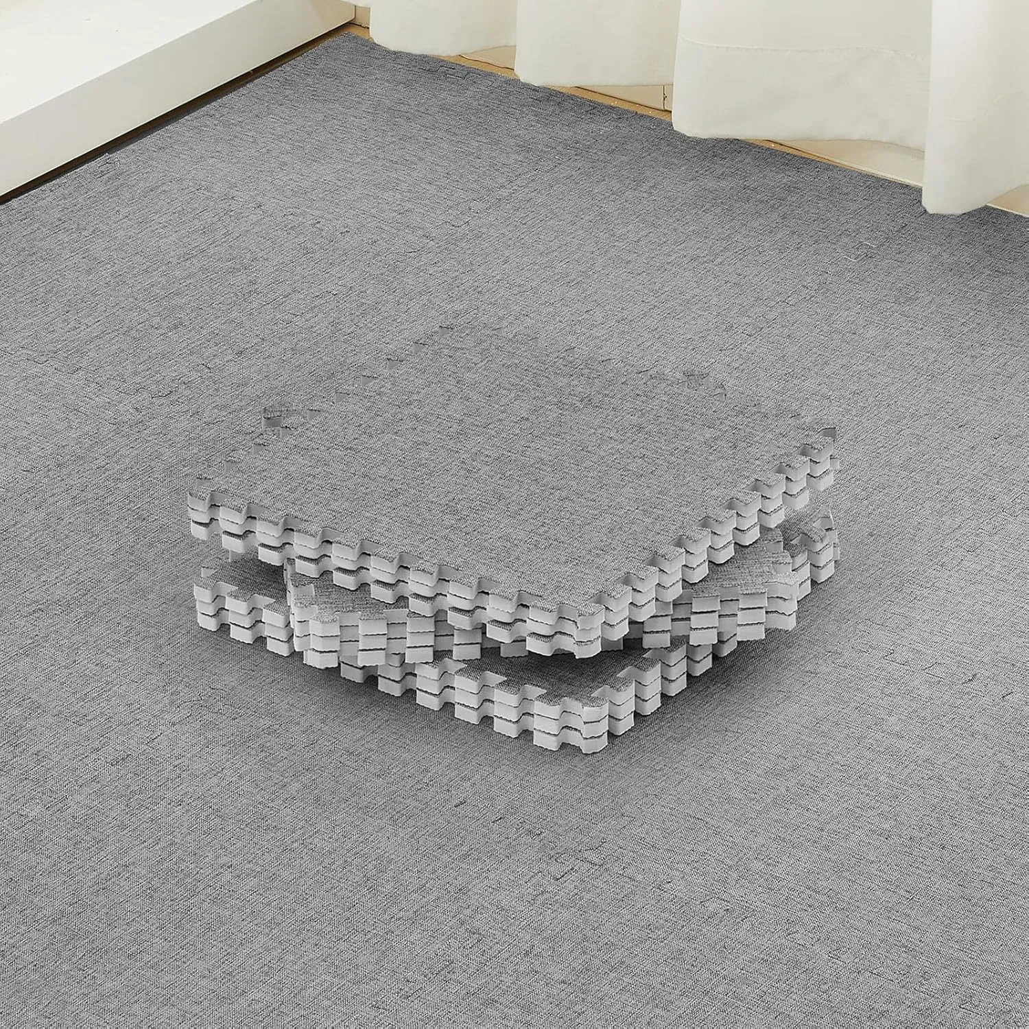 Amylove 16 Pcs Interlocking Floor Tiles Gray Cotton Jute Surface Floor Mat Non Slip Rubber Play Mat Square Carpet Soft Climbing Area Rugs for Home Playroom, 12 x 12 x 0.4 Inch
