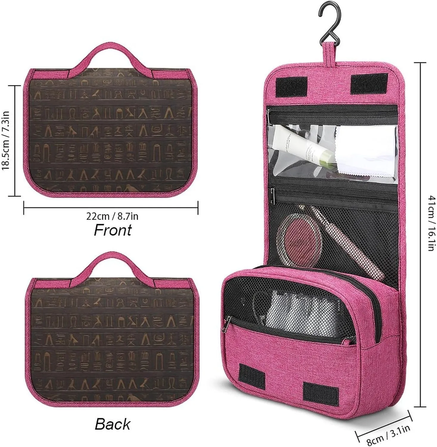 Ancient Egyptian Hieroglyph Travel Toiletry Bag for Women,Hanging Toiletry Organizer with Hook, Makeup Bag Travel Organizer for Shampoo,Toiletriesl