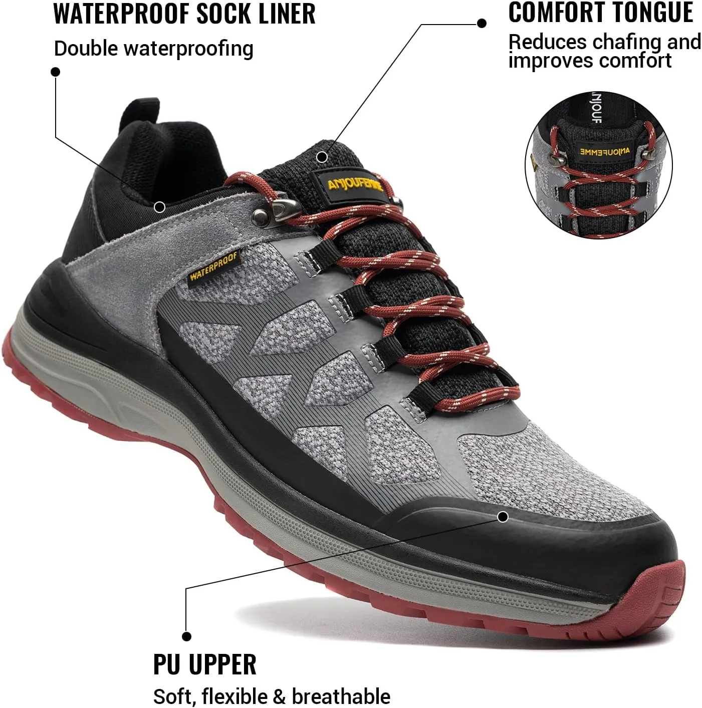 ANJOUFEMME Waterproof Hiking Shoes for Men Lightweight Breathable Trekking Trails Shoes Outdoor