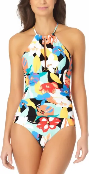Anne Cole Women's Printed High Neck One Piece Swimsuit White Multi