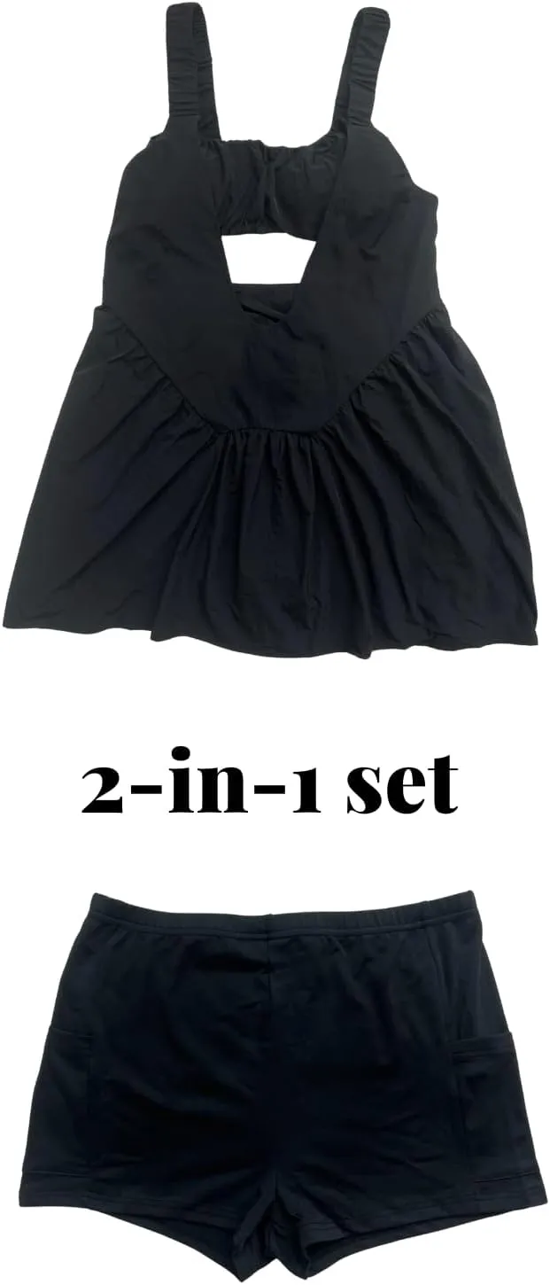 AnotherChill Womens Tennis Dress Built-in Bra & Matching Shorts Pockets Workout Dresses Athletic Outfits Cut Out Two Piece