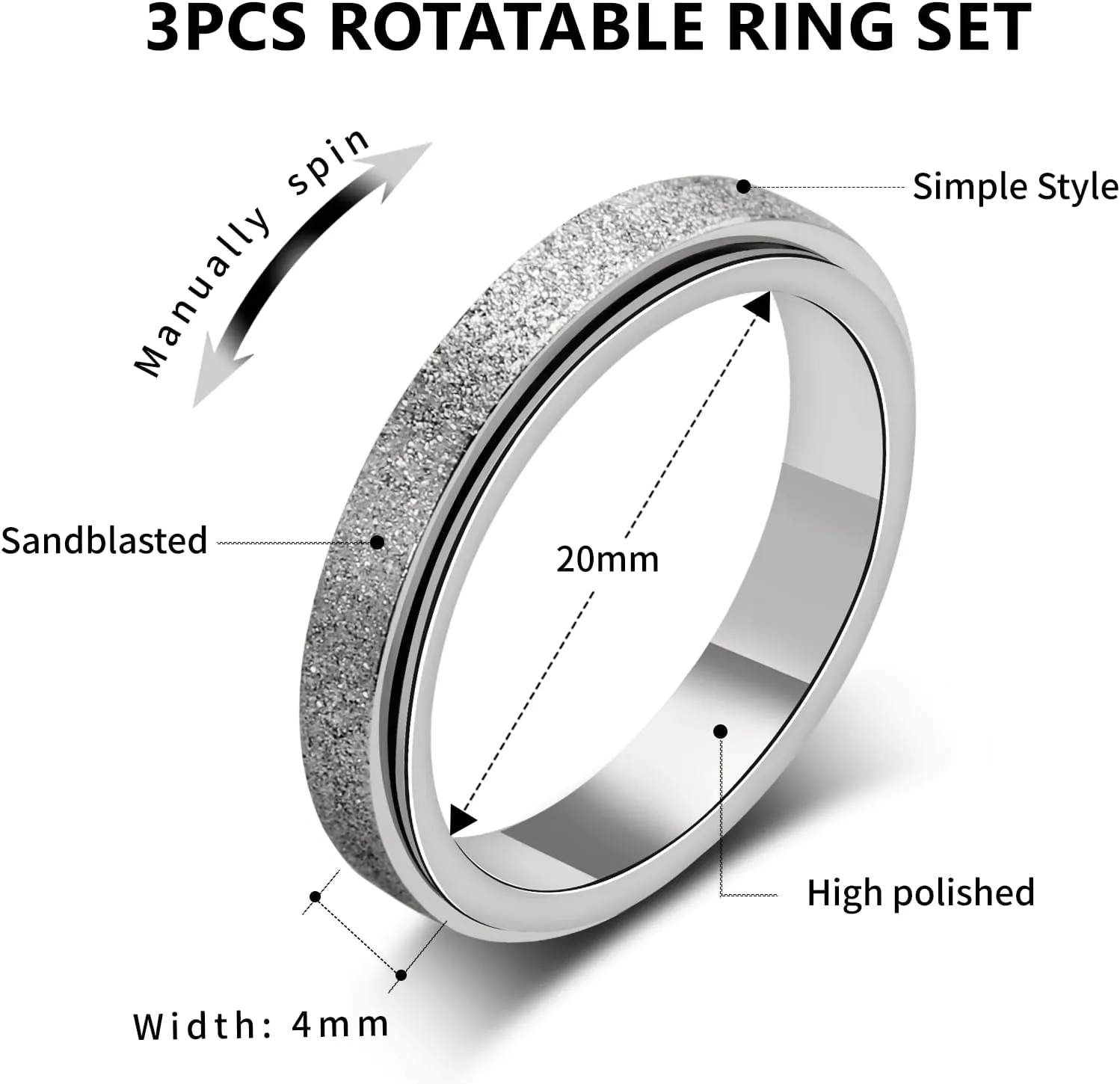 Anxiety Spinner Ring: Fidget Ring for Women - Anti-Anxiety Gift for Teen Girls & Boys (Size 6-10)