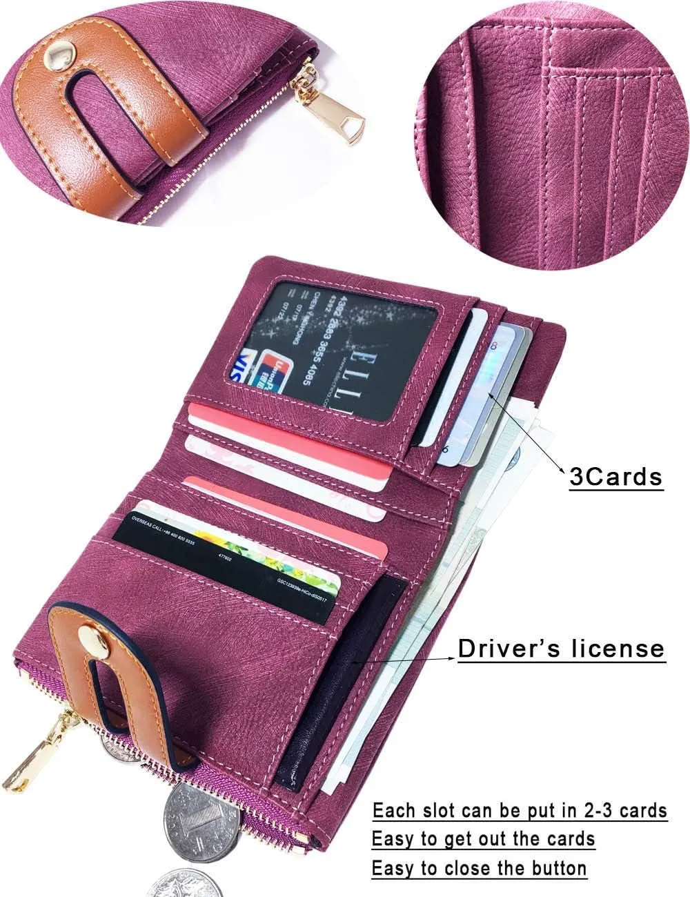 AOXONEL Women's Rfid Small Bifold Leather Wallet Ladies Mini Zipper Coin Purse id card Pocket,Slim Compact Thin