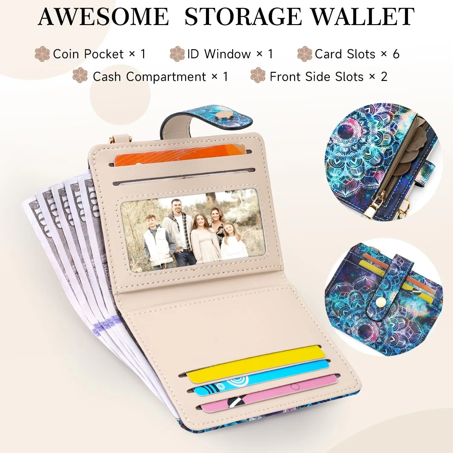 APHISON Women RFID Slim Bifold Wallet, Card Holder with Zipper Coin Purse, Ultra-Thin Compact Wallet with ID Window Minimalist Sky
