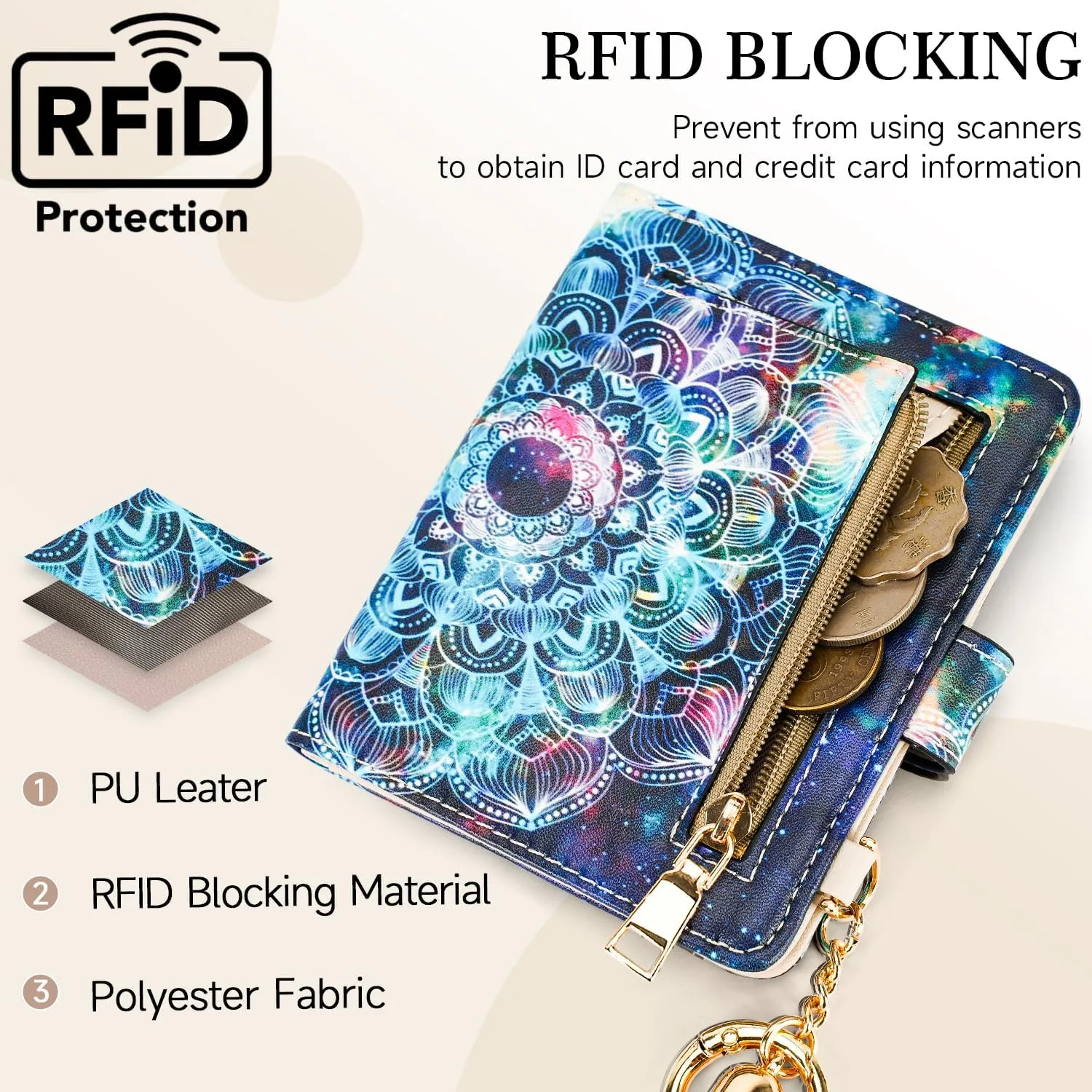 APHISON Women RFID Slim Bifold Wallet, Card Holder with Zipper Coin Purse, Ultra-Thin Compact Wallet with ID Window Minimalist Sky