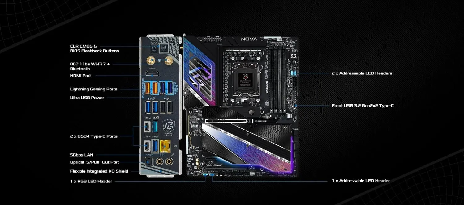 ASRock Phantom Gaming X870E Nova WiFi Socket AM5 AMD Ryzen X870 DDR5 DIMMs 8200 MHz 256 GB ATX Motherboard USB4