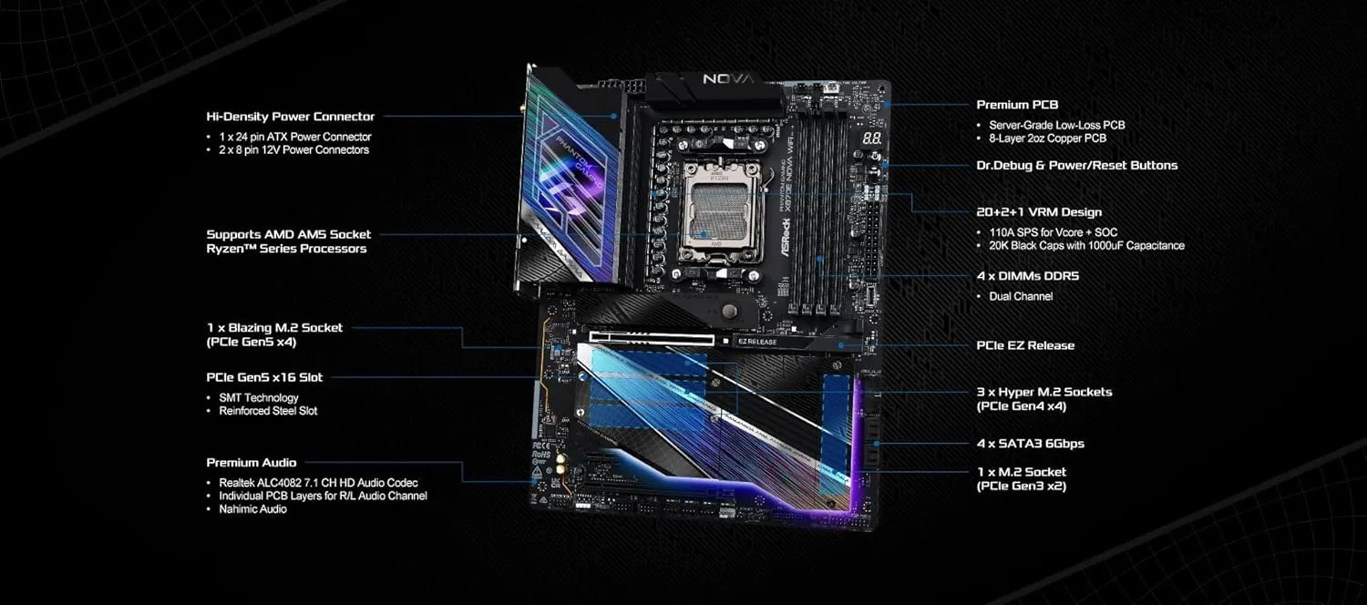 ASRock Phantom Gaming X870E Nova WiFi Socket AM5 AMD Ryzen X870 DDR5 DIMMs 8200 MHz 256 GB ATX Motherboard USB4