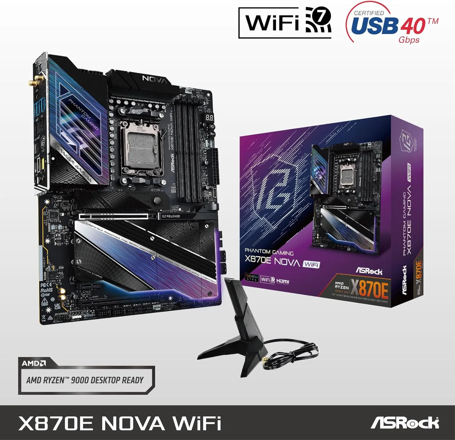 ASRock Phantom Gaming X870E Nova WiFi Socket AM5 AMD Ryzen X870 DDR5 DIMMs 8200 MHz 256 GB ATX Motherboard USB4